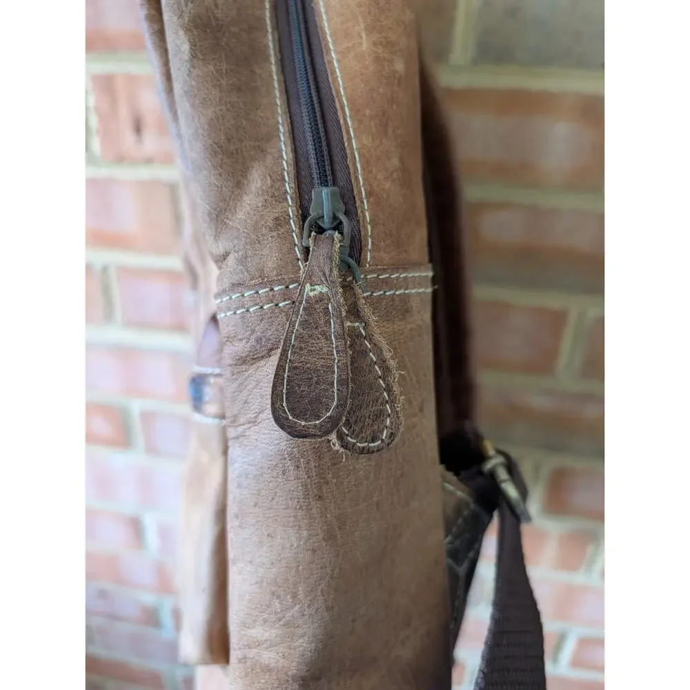 Brown Tan Distressed Full Grain Leather Backpack School Office College Rustic